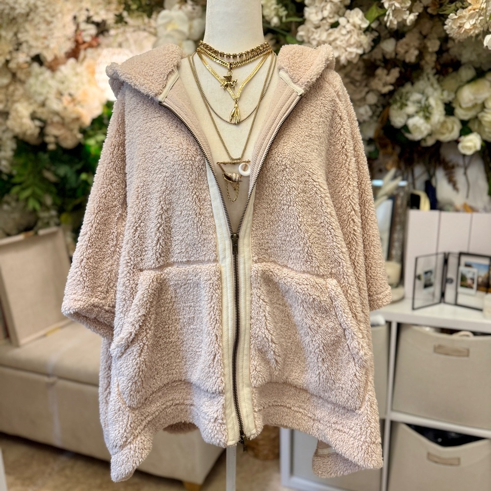 Free People Oversized Hooded Teddy Poncho Sweater Jacket